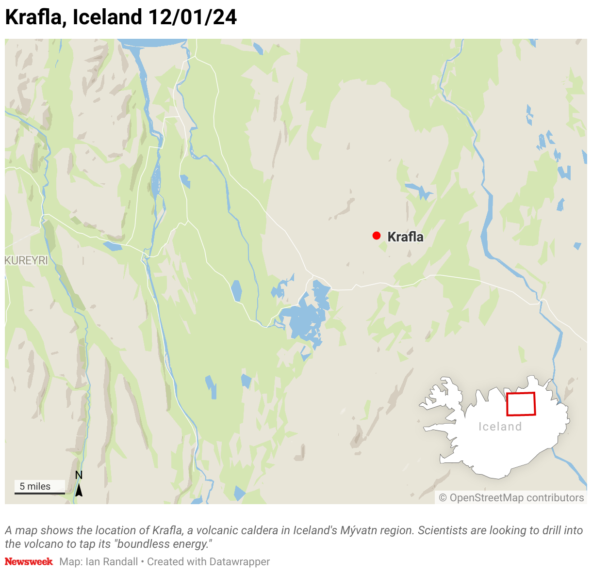 A map shows the location of Krafla, a volcanic caldera in Iceland's Mývatn region.