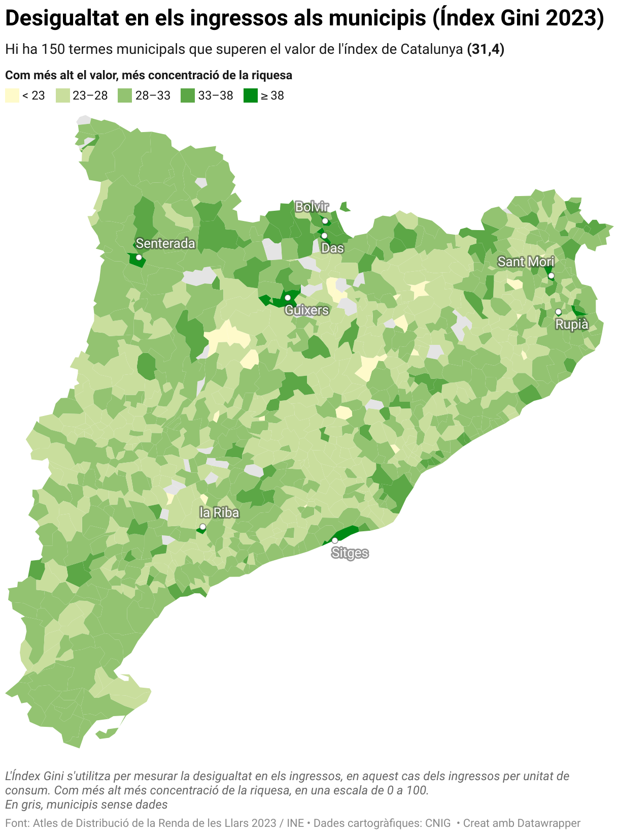 Desigualtat en els ingressos als municipis (Índex Gini 2023) (Choropleth map)