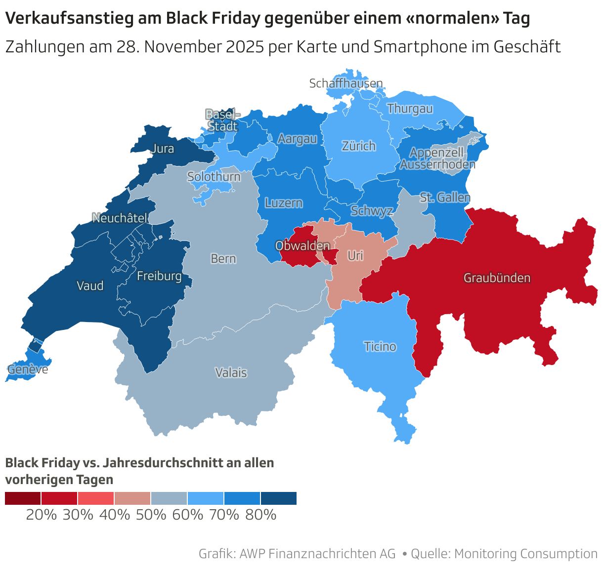 Verkaufsanstieg am Black Friday gegenüber einem «normalen» Tag (Choroplethen-Karte)