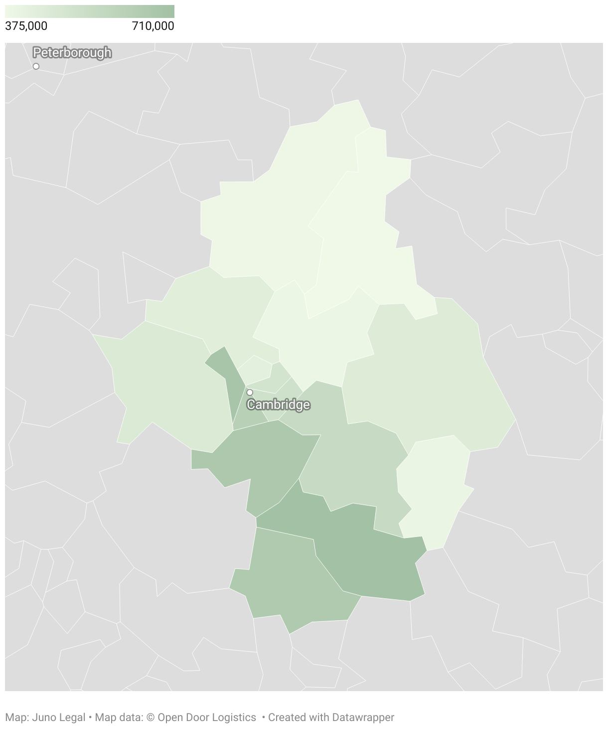 An interactive map showing the average price of properties listed in each Cambridge Postcode