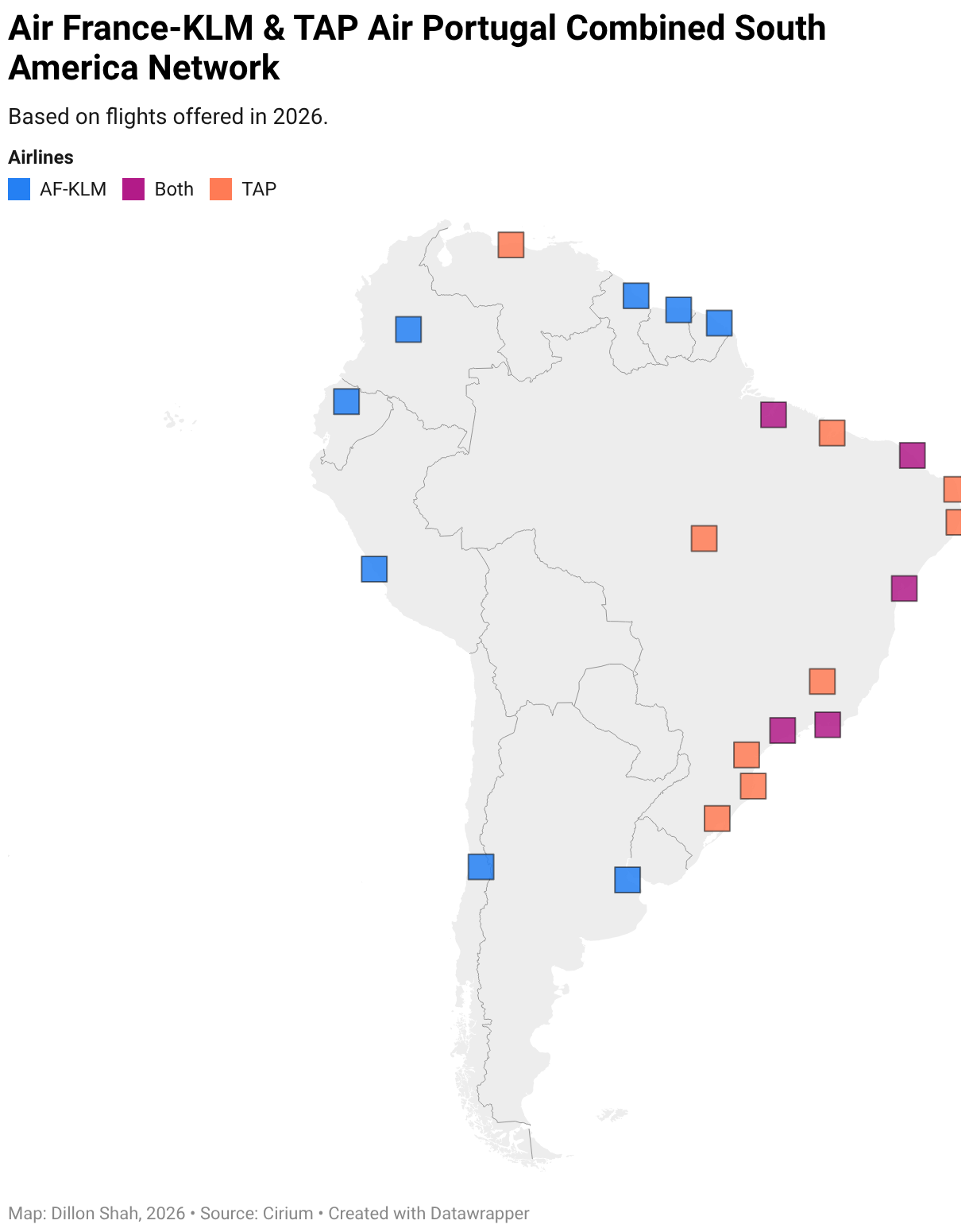 Air France-KLM &amp; TAP Air Portugal Combined South America Network (Symbol map)