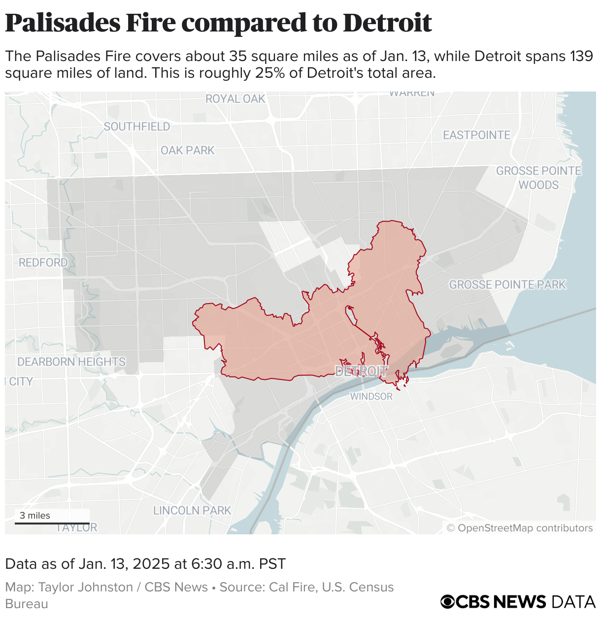 Perimeter of the Palisades Fire placed on the city of Detroit.