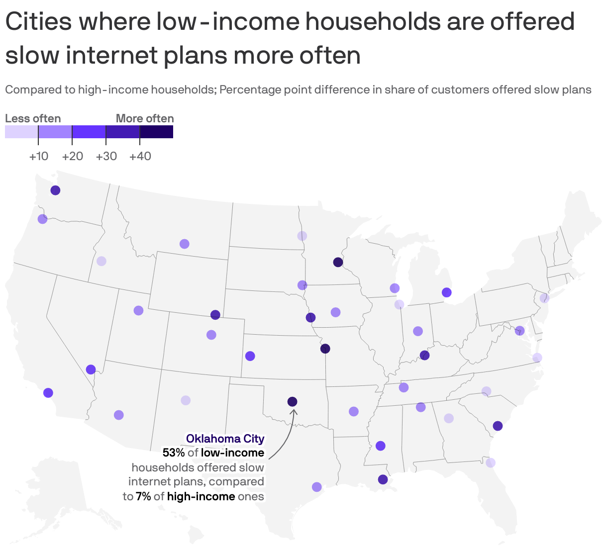Cities where low-income households are offered slow internet plans more often
