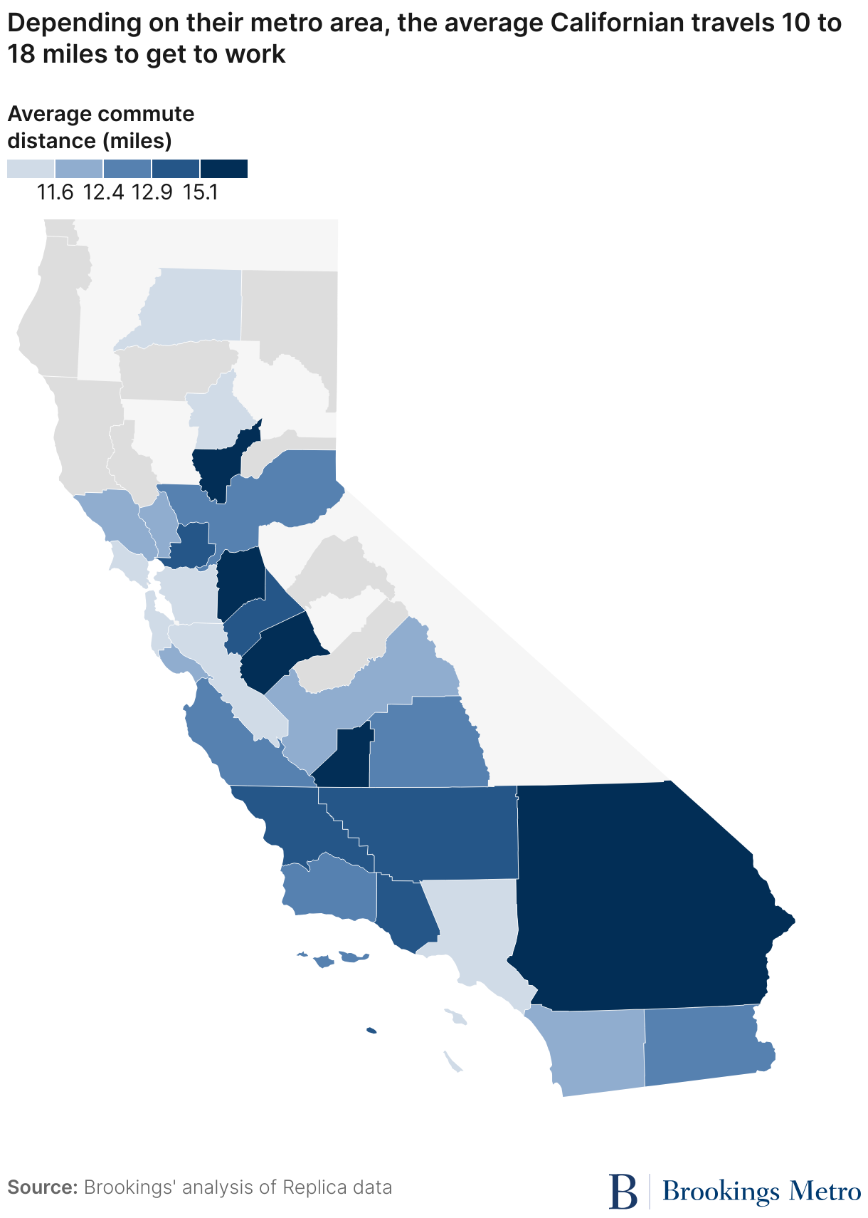 Depending on their metro area, the average Californian travels 10 to 18 miles to get to work (Choropleth map)