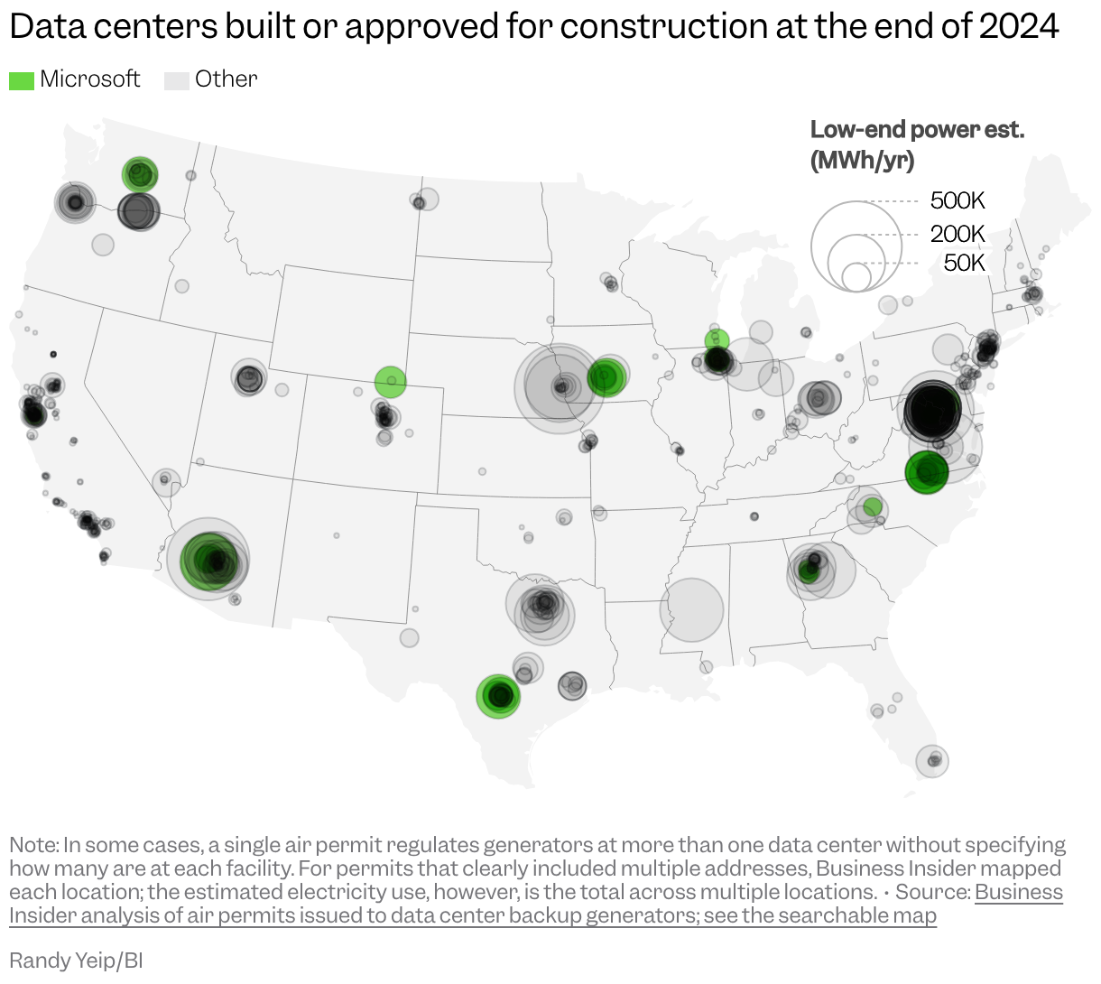 US map showing location of known data centers, with symbols sized by low-end estimated power consumption.