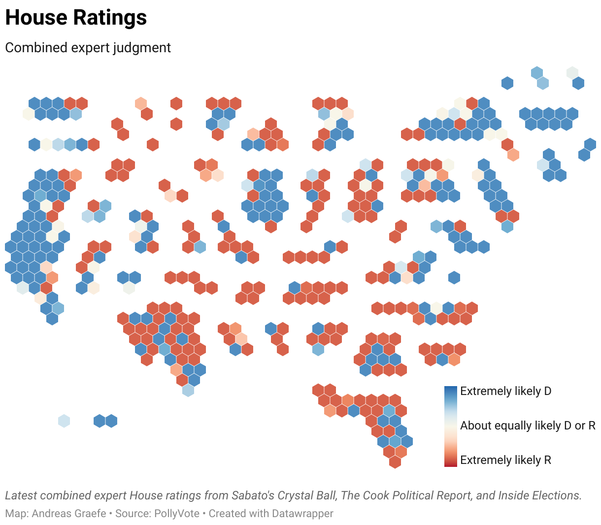 Map of latest combined expert House ratings from Sabato's Crystal Ball, The Cook Political Report, and Inside Elections.