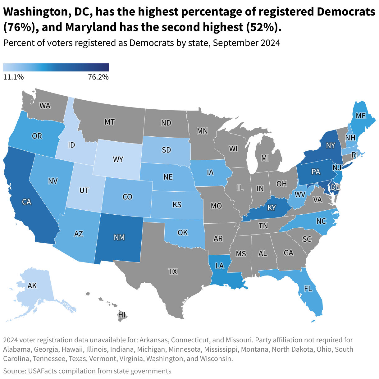 Percent of voters registered as Democrats by state, September 2024