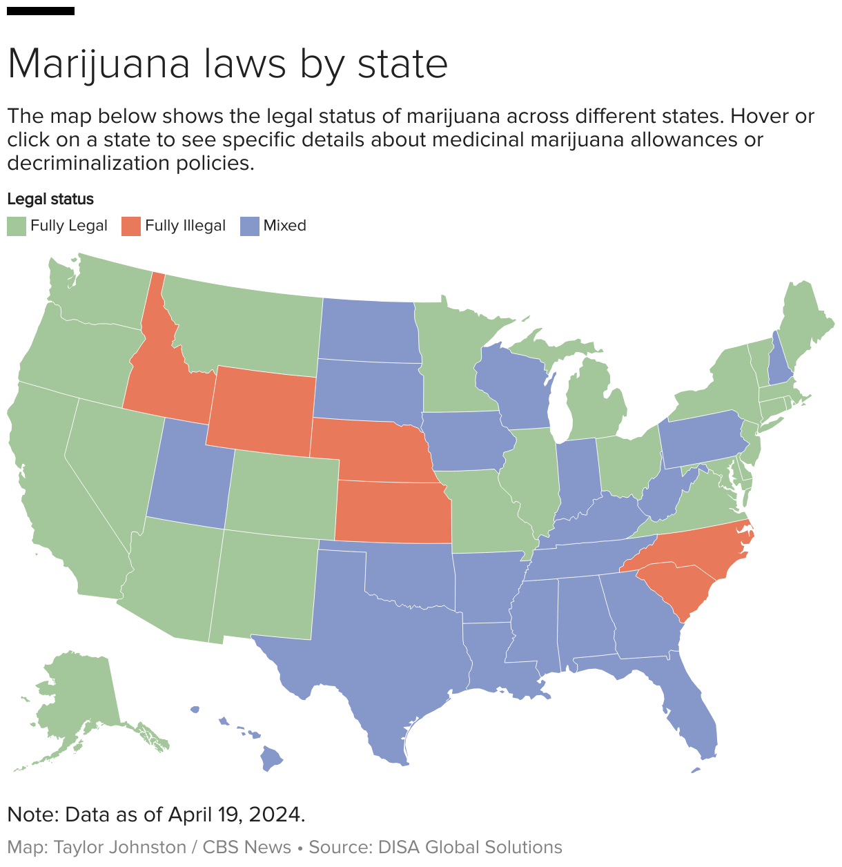 美国大麻法律地图。
