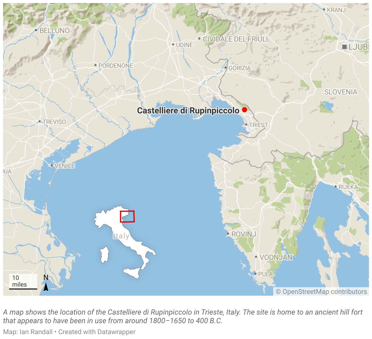 A map shows the location of the Castelliere di Rupinpiccolo in Trieste, Italy.