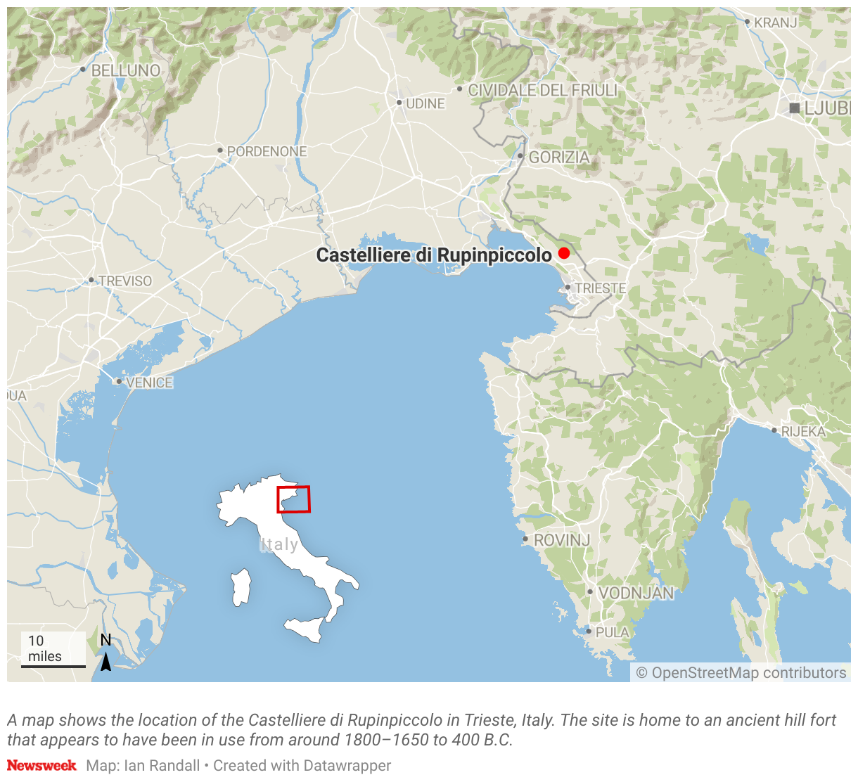 A map shows the location of the Castelliere di Rupinpiccolo in Trieste, Italy.