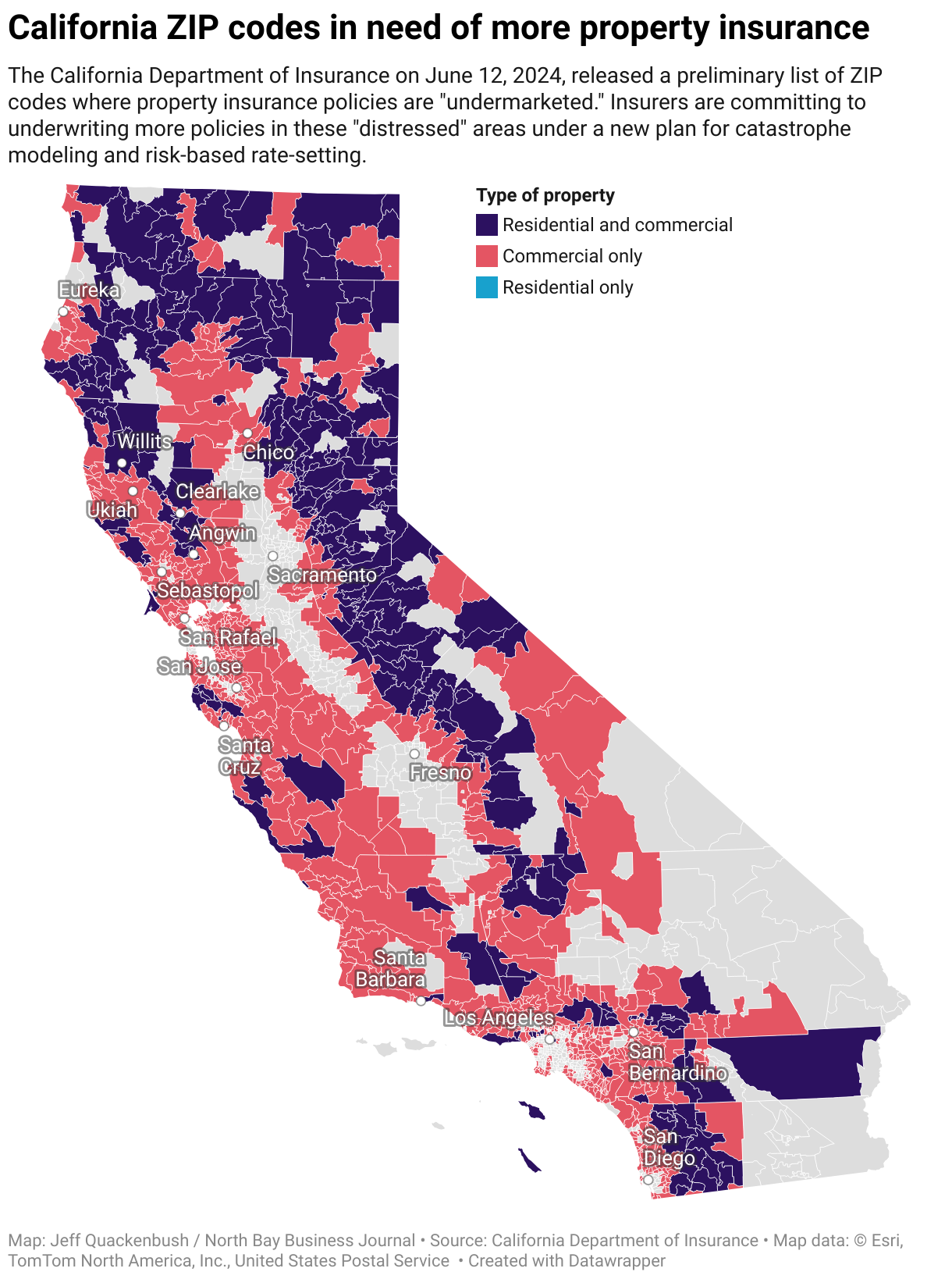 This ZIP code map of California shows which ones are "undermarketed" for residential and commercial property insurance policies, noted in red and purple, respectively.