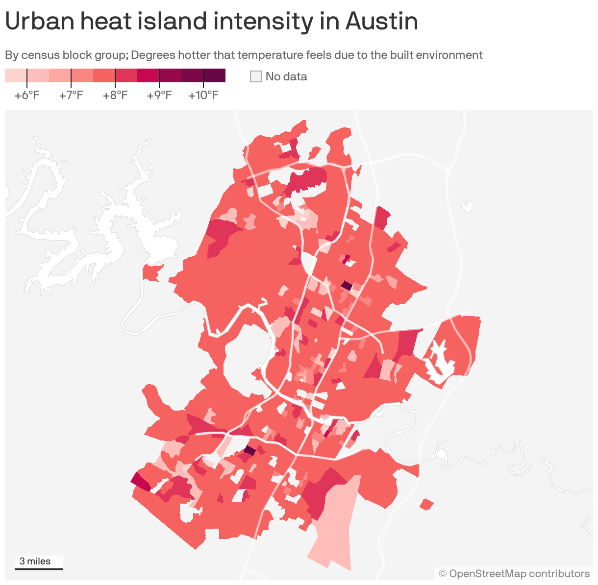 Map of Austin, Texas showing the intensity of urban heat islands by census block group. On average, the city feels 8°F hotter due to the built environment.