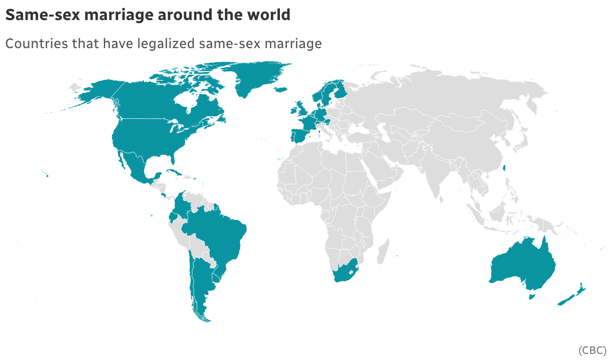 A map of the world highlighting all 35 countries around the world that have legalized same-sex marriage.