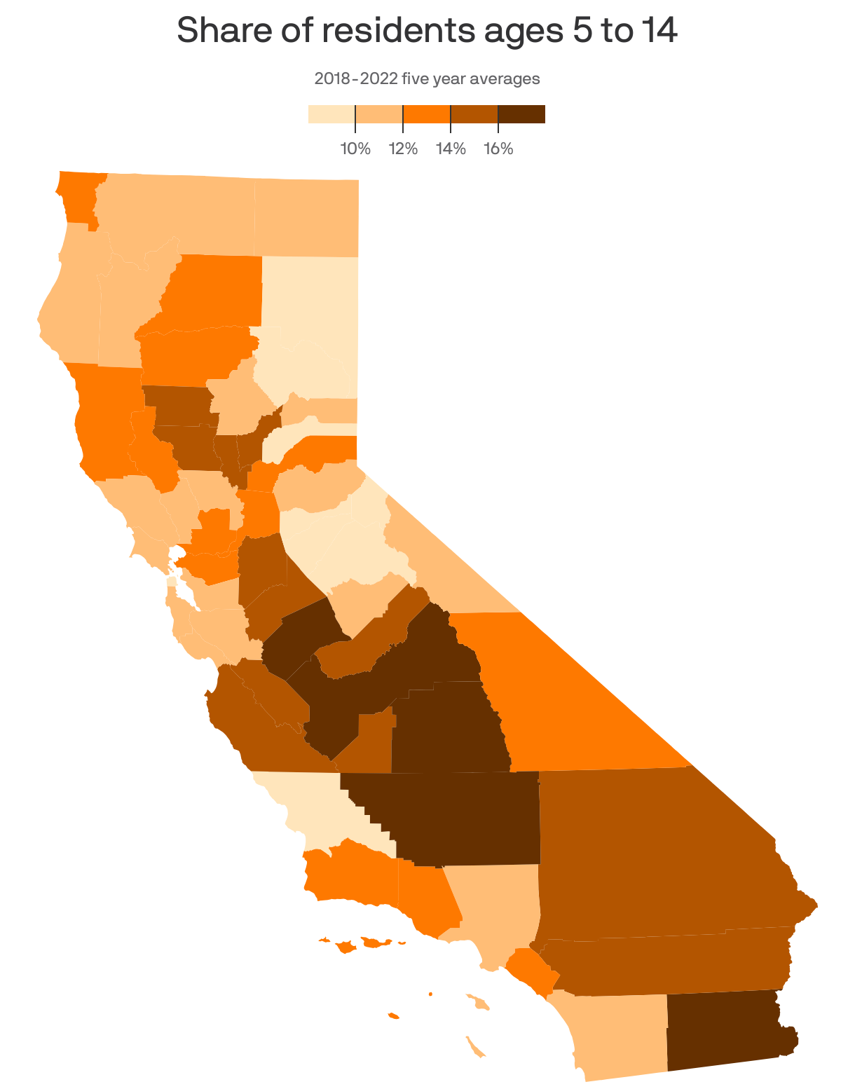 A county choropleth map showing the share of residents who are ages 5-14.