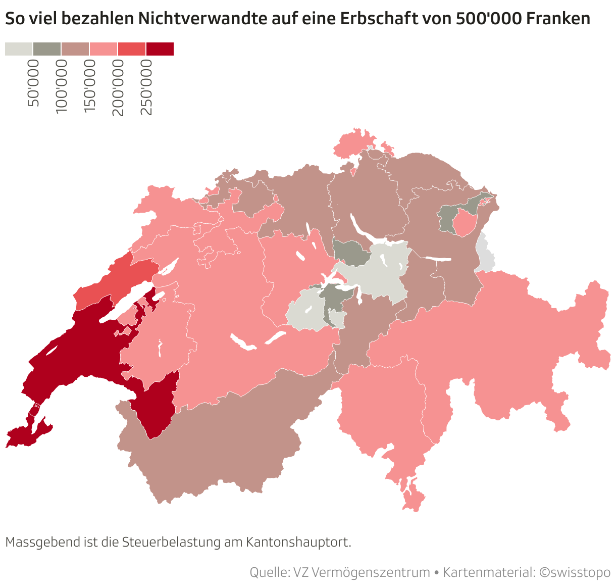 So viel bezahlen Nichtverwandte auf eine Erbschaft von 500'000 Franken (Choroplethen-Karte)