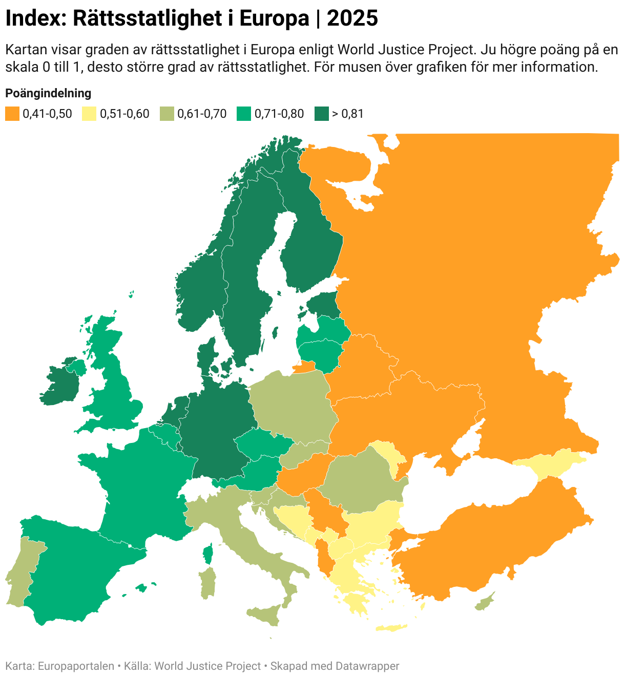 Index: Rättsstatlighet i Europa | 2025 (Choropleth map)