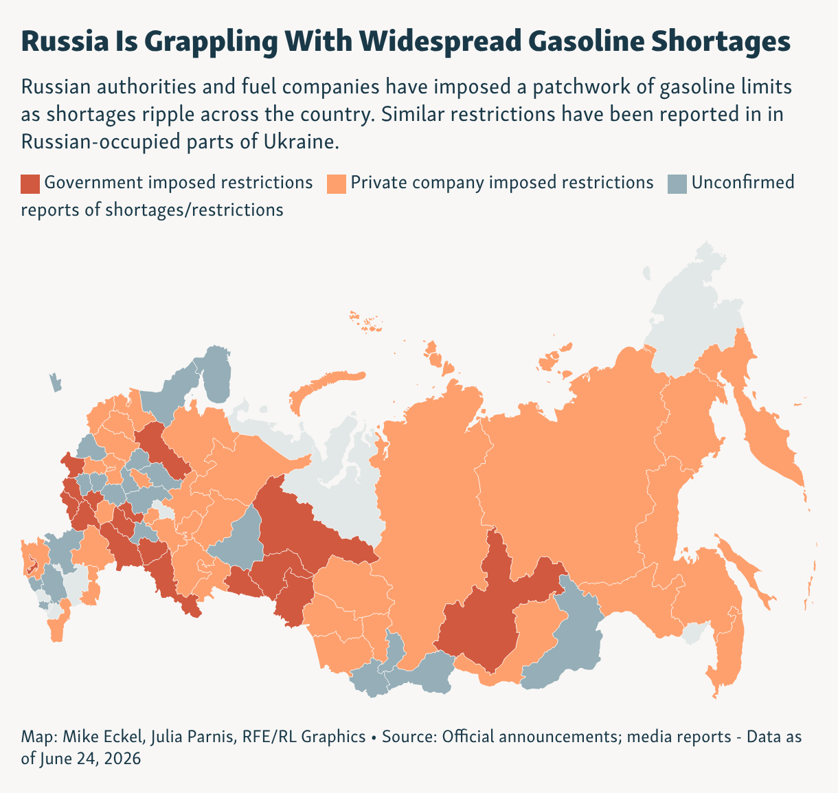Russia Is Grappling With Widespread Gasoline Shortages (Choropleth map)