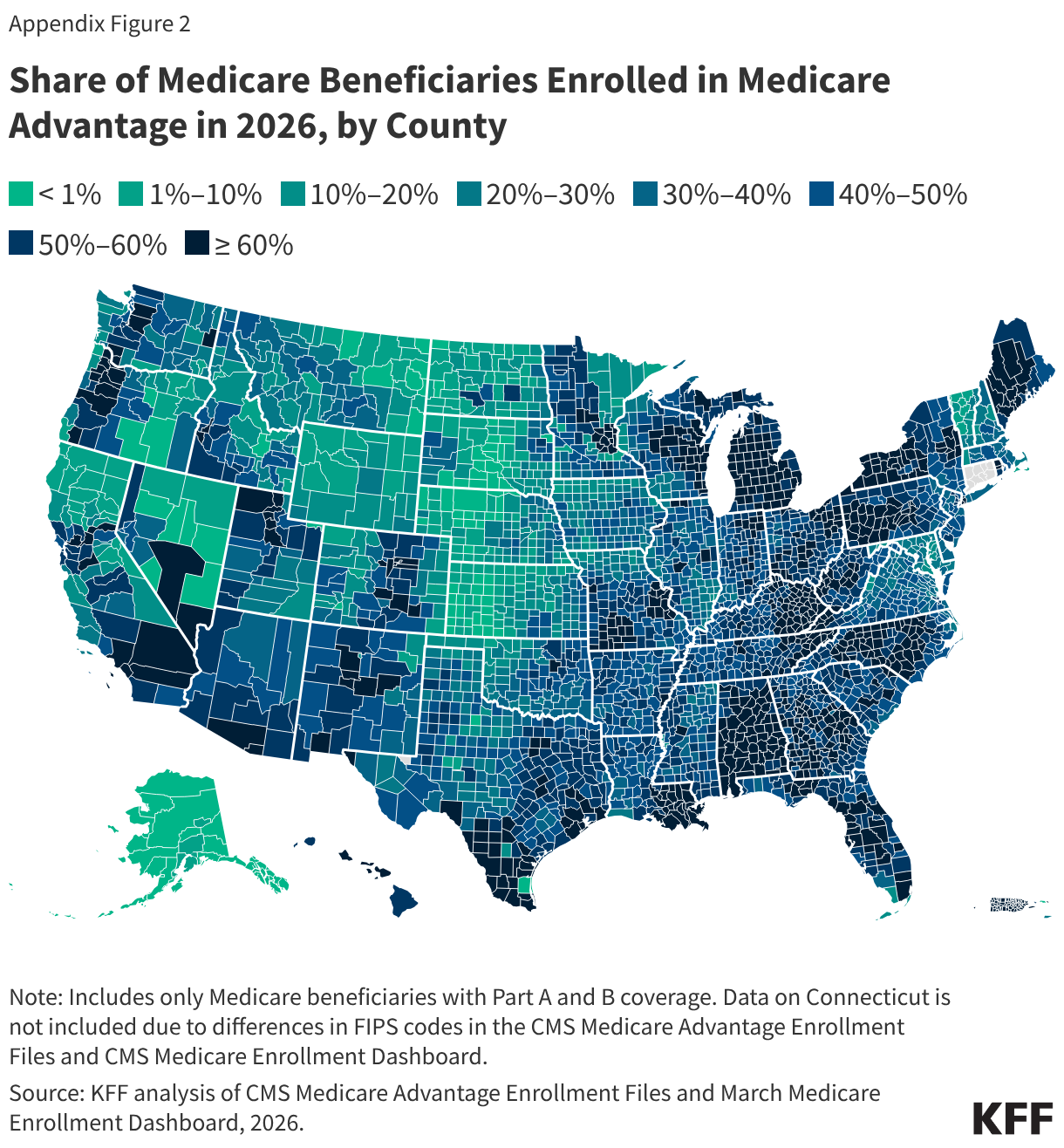Share of Medicare Beneficiaries Enrolled in Medicare Advantage in 2026, by County (Choropleth map)