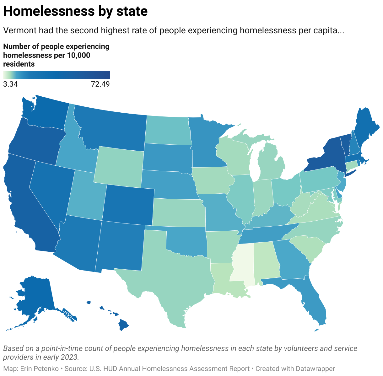 Vermont had the second-highest homelessness rate in the nation, with 3295 people experiencing homelessness when they were counted in early 2023.