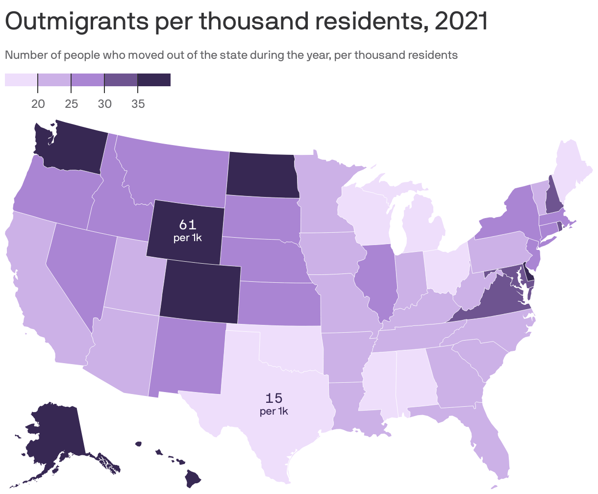 Outmigrants per thousand residents, 2021