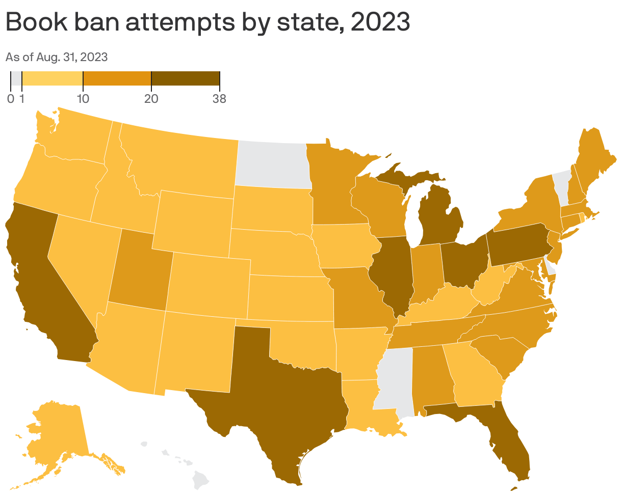 Book ban attempts by state, 2023