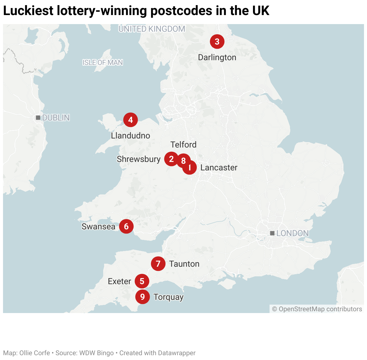 Map of luckiest lottery-winning towns.