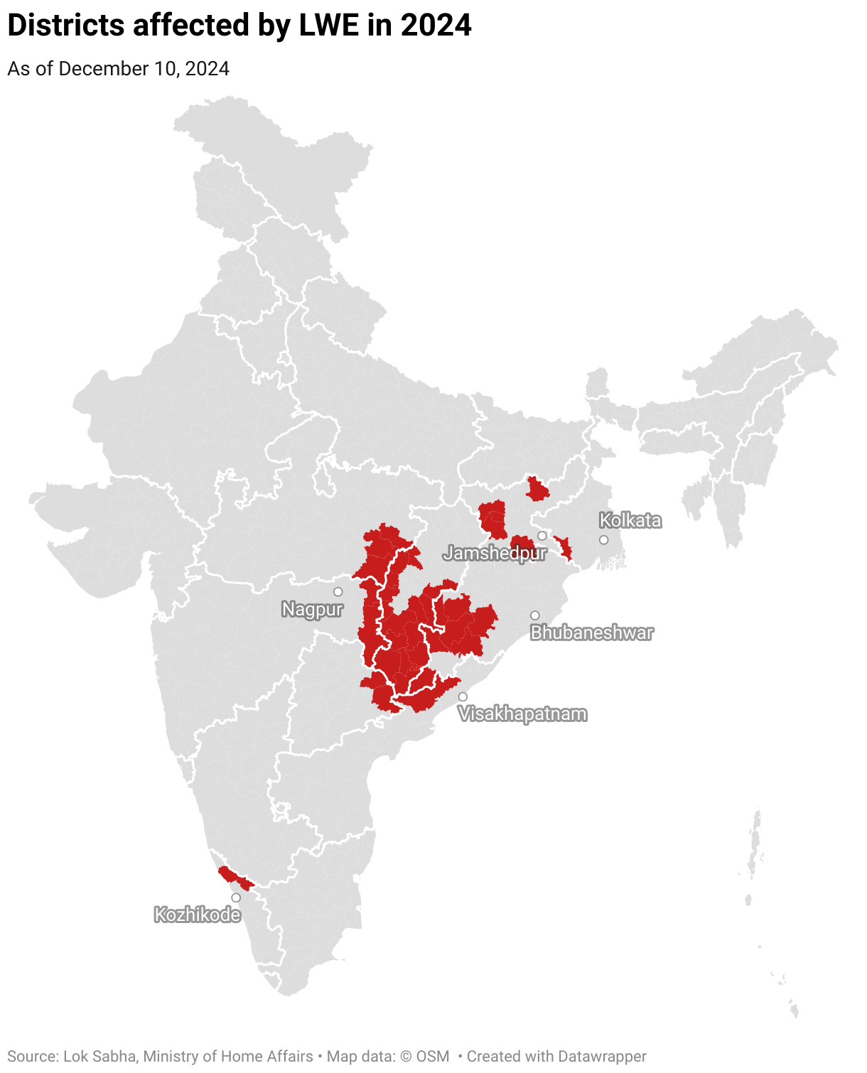 Districts affected by Left Wing Extremism (Choropleth map)