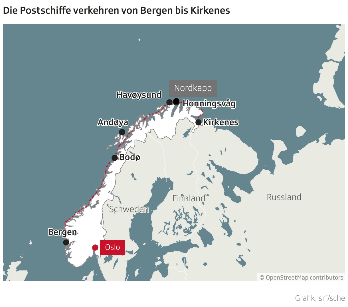 Die Postschiffe verkehren von Bergen bis Kirkenes (Locator-Karte)