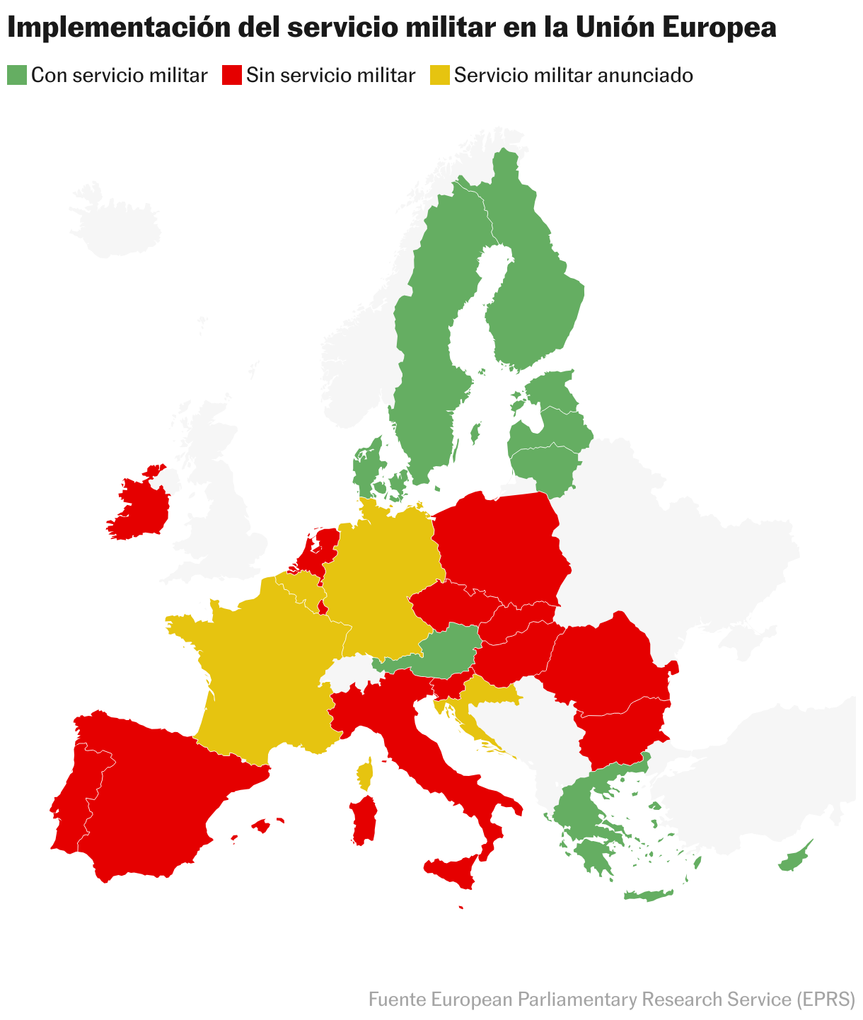 Implementación del servicio militar en la Unión Europea (Mapa coroplético)