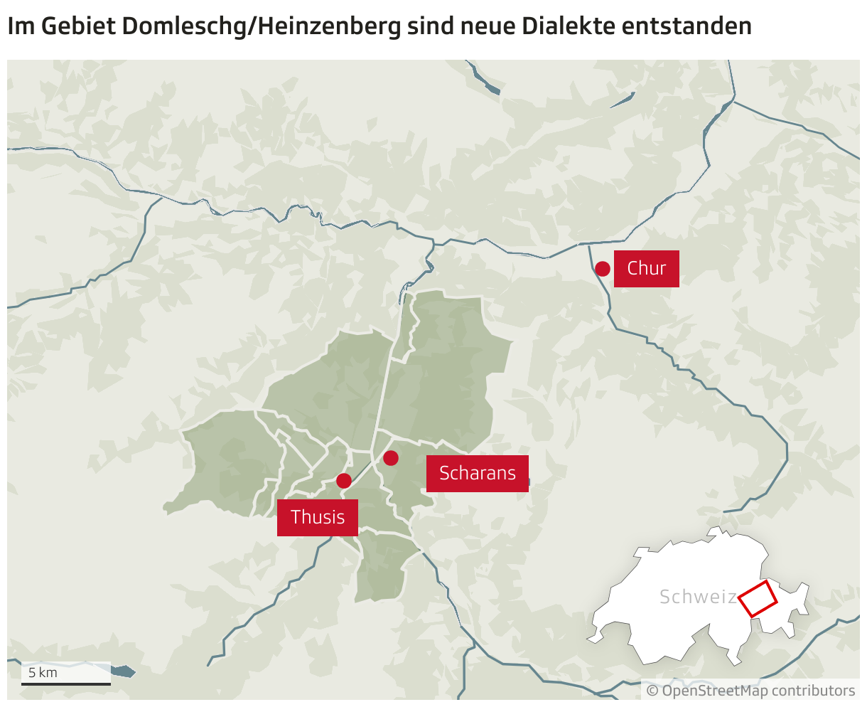 Im Gebiet Domleschg/Heinzenberg sind neue Dialekte entstanden (Locator-Karte)