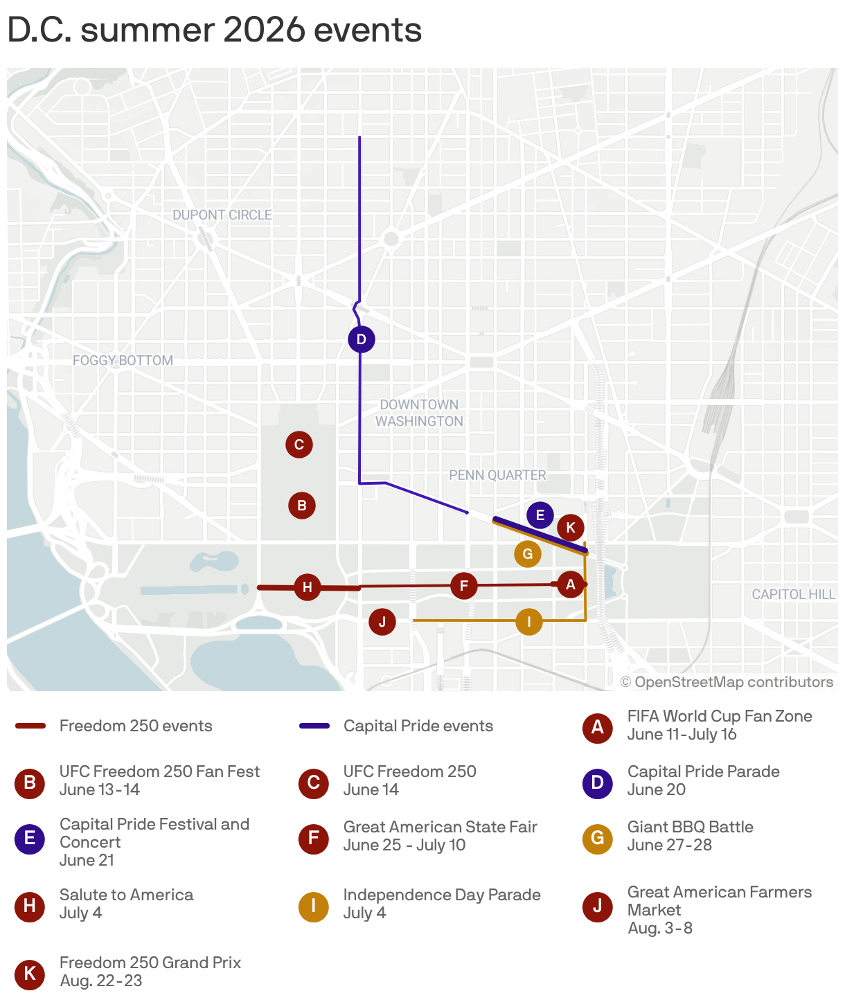 A map of Washington, D.C., marking summer 2026 events. Key events include the UFC Freedom 250 on June 14, the Capital Pride Parade on June 20, and the FIFA World Cup Fan Zone from June 11 to July 16.
