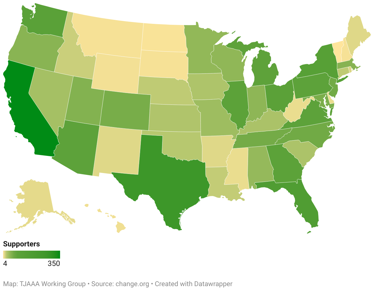 TJAAA Petition Signatures by State (Choropleth map)