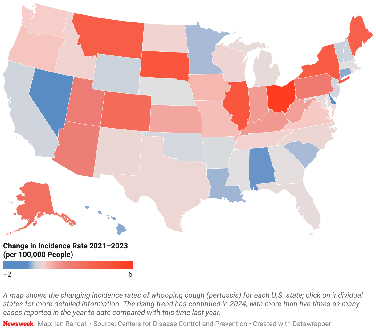 A map shows the changing incidence rates of whooping cough (pertussis) for each each U.S. state.