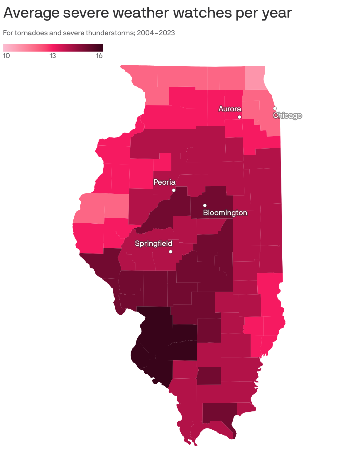Choropleth map of U.S. counties showing the average number of severe weather watches reported per year, from data collected 2004 to 2023. Counties in the midwest, particularly in Oklahoma, Iowa, Kansas and Nebraska, have the most severe weather watches. States on the West Coast have little to none. Comanche County in Oklahoma is the highest, with 21 severe thunderstorm or tornado watches reported on average per year.