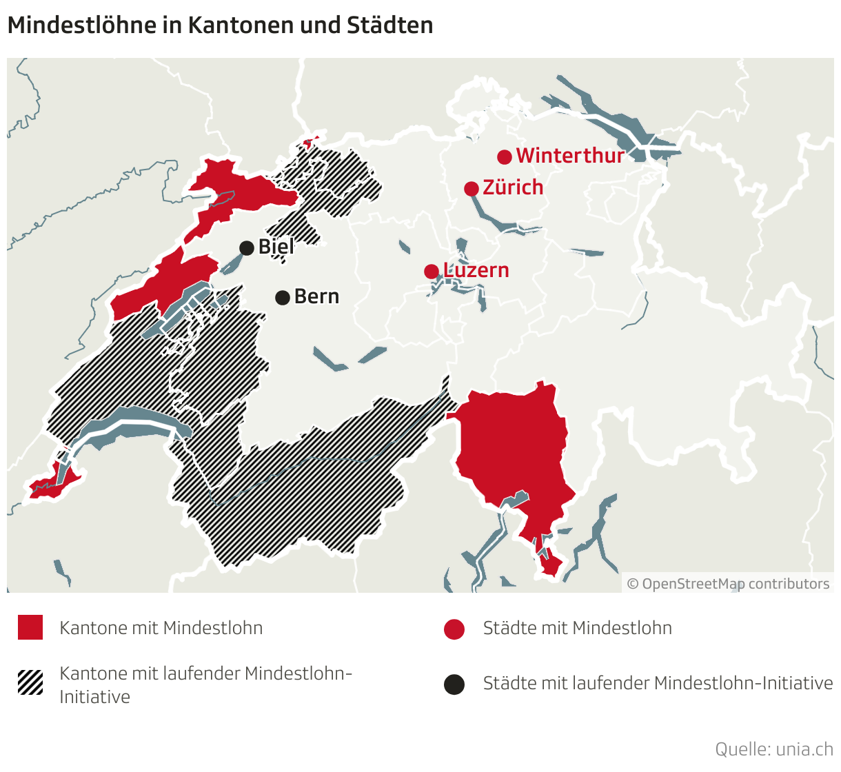 Mindestlöhne in Kantonen und Städten (Locator-Karte)