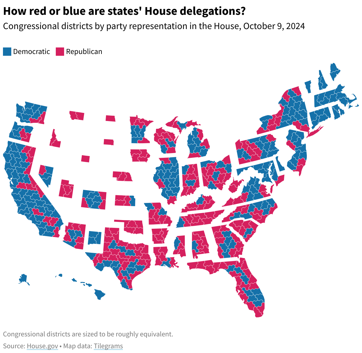 A hex map of congressional districts by party representation in the House in October 2024.