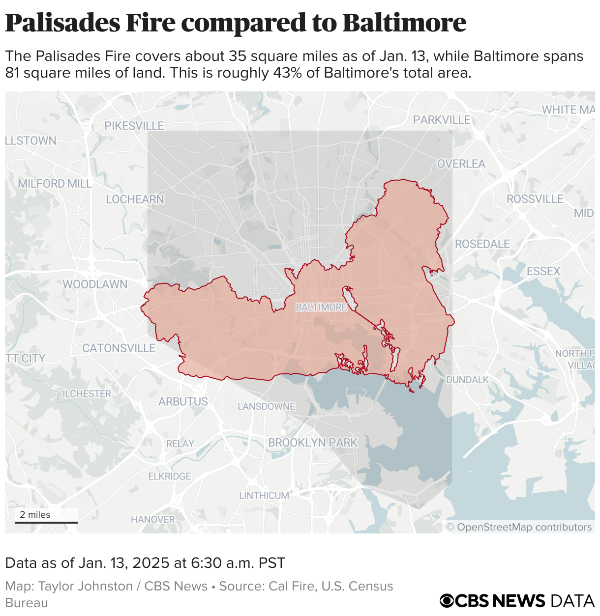 Perimeter of the Palisades Fire placed on the city of Baltimore.