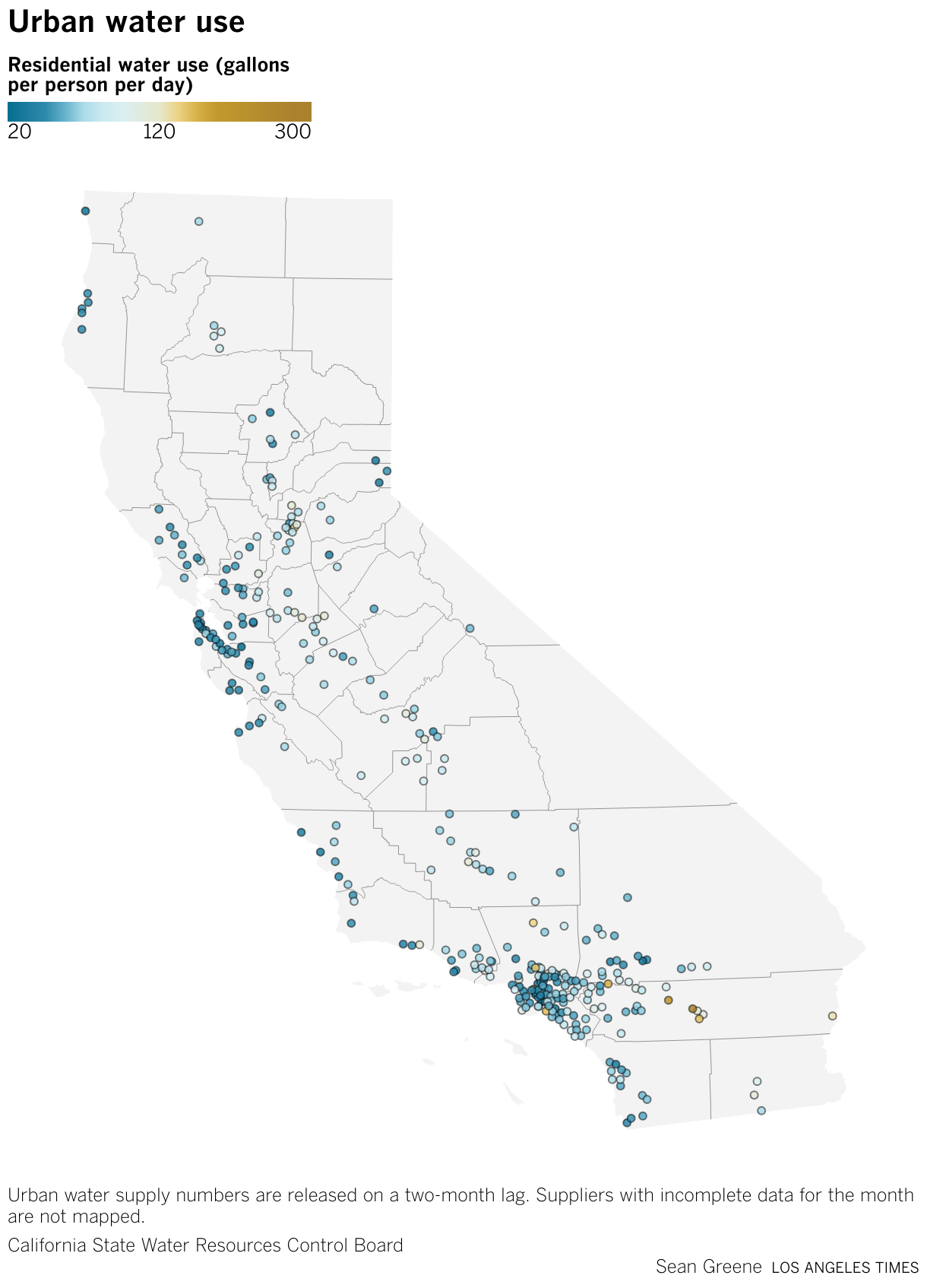Interactive map shows residential water use per capita across California