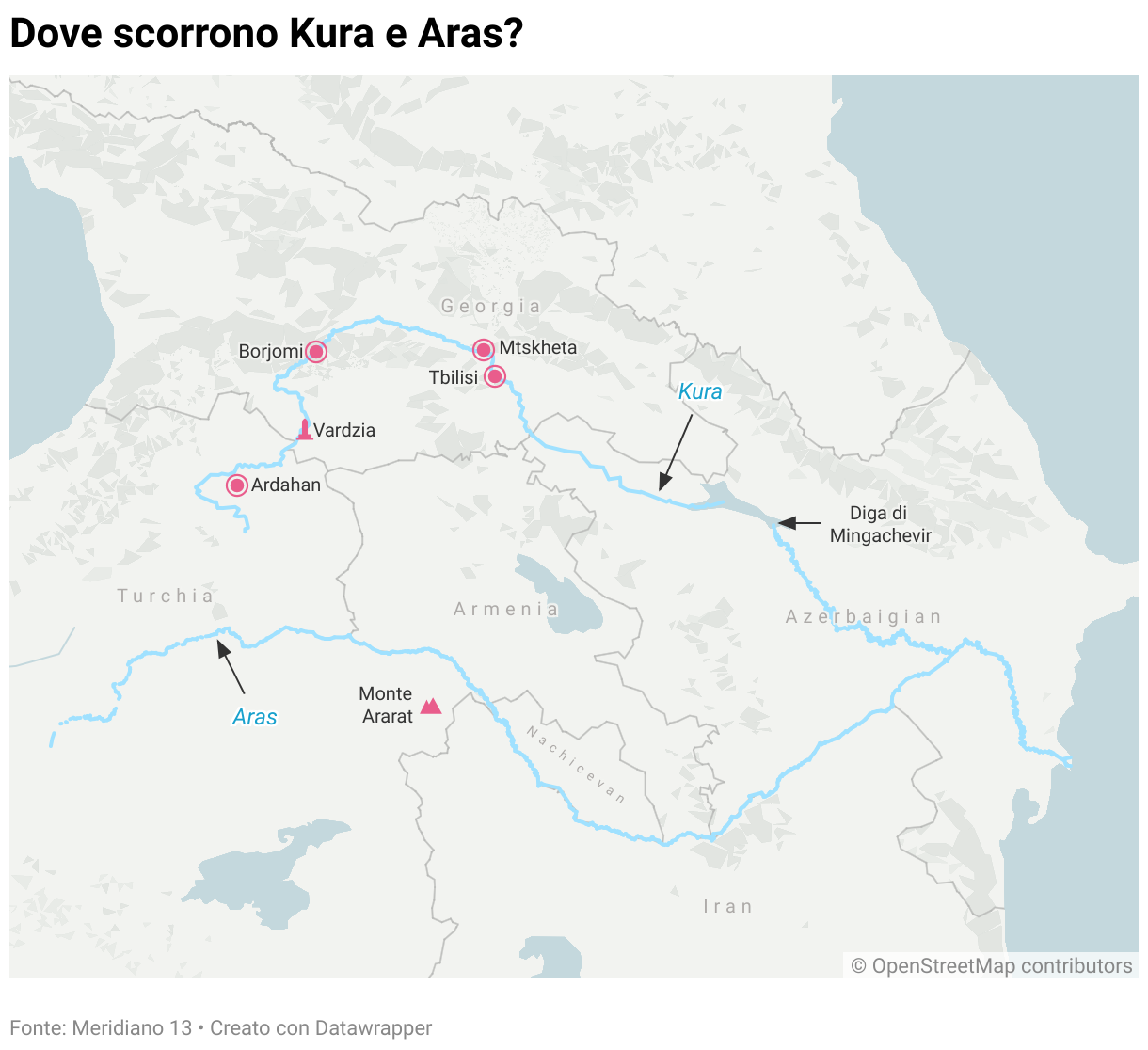 Mappa del Kura e l'Aras i due principali fiumi del Caucaso del Sud