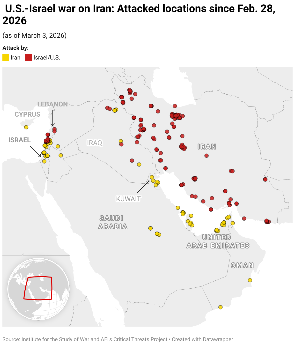 U.S.-Israel war on Iran: Attacked locations since Feb. 28, 2026 (Symbol map)