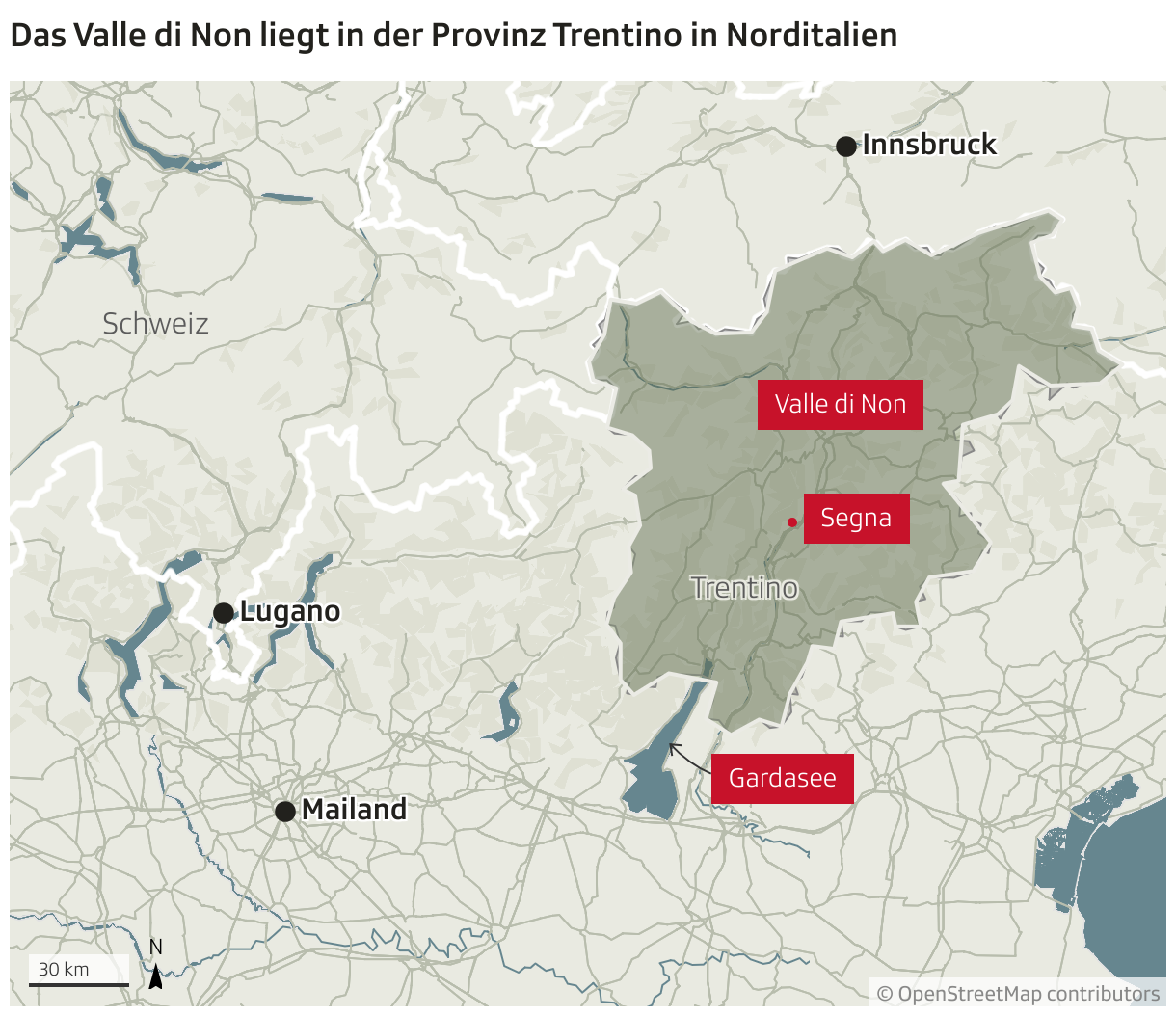Das Valle di Non liegt in der Provinz Trentino in Norditalien (Locator-Karte)