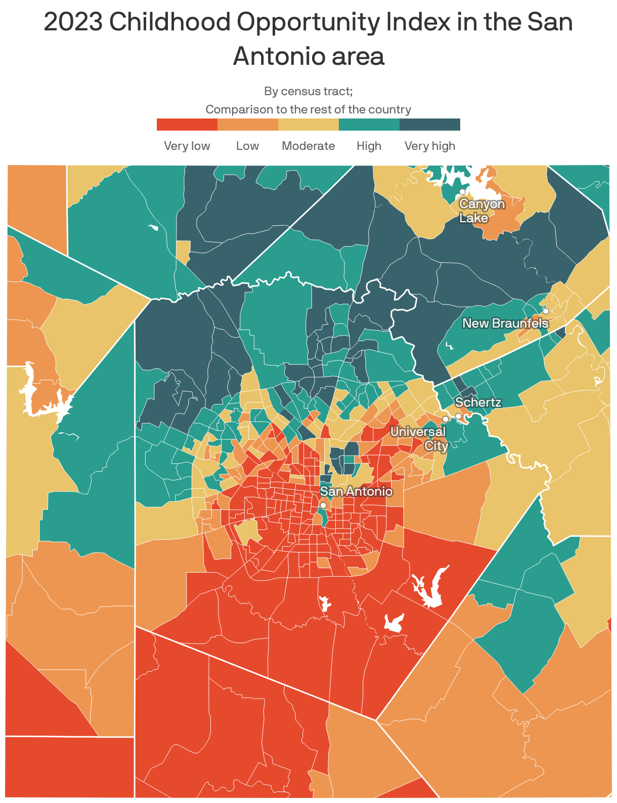 A map showing the 2023 Childhood Opportunity Index in the San Antonio area. 35% of census tracts are ranked "very low", 18% "low", 17% "moderate", 20% "high", and 11% "very high".