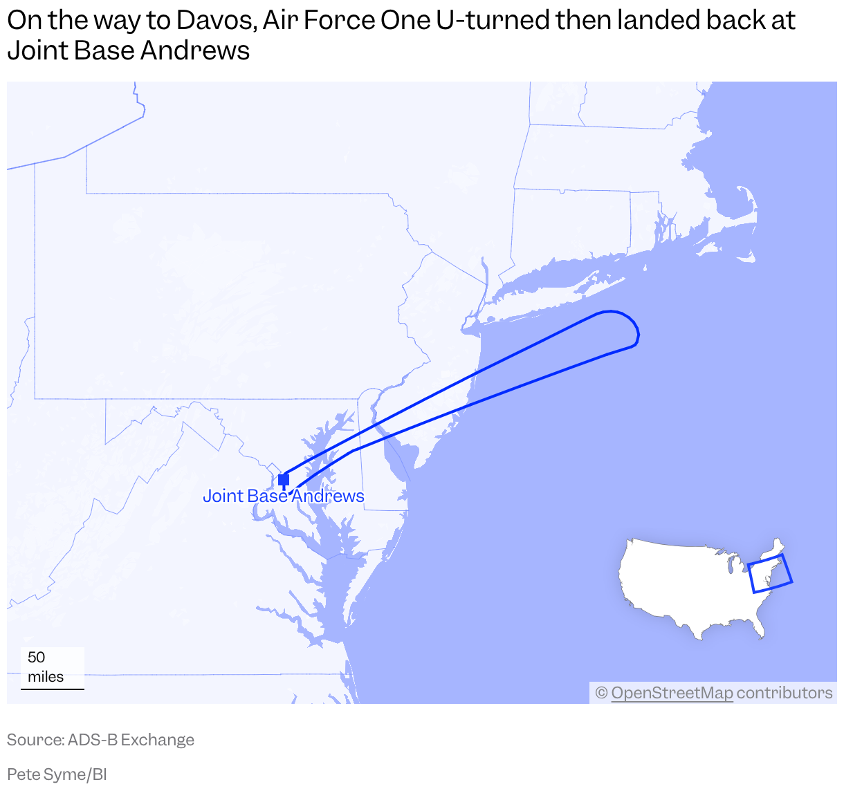 A map of the eastern US shows a flight path of Air Force One departing Joint Base Andrews then turning around south of Long Island and landing back where it started.