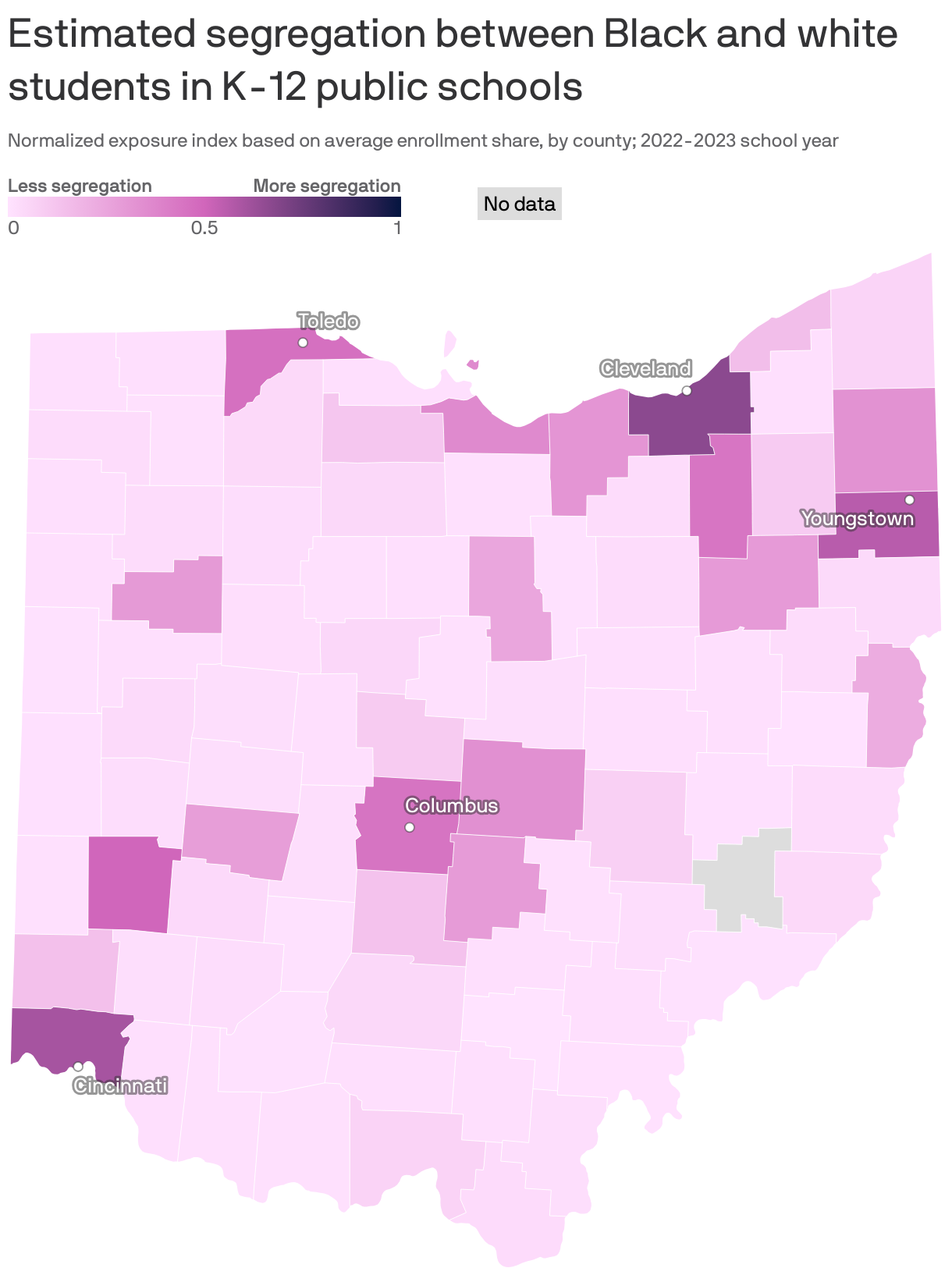 Choropleth map of U.S. counties showing the estimated level of segregation between Black and white students in K-12 public schools. Schools in counties in the southern U.S., southern California and Northeast tend to be more segregated than counties in the Pacific Northwest and Midwest.