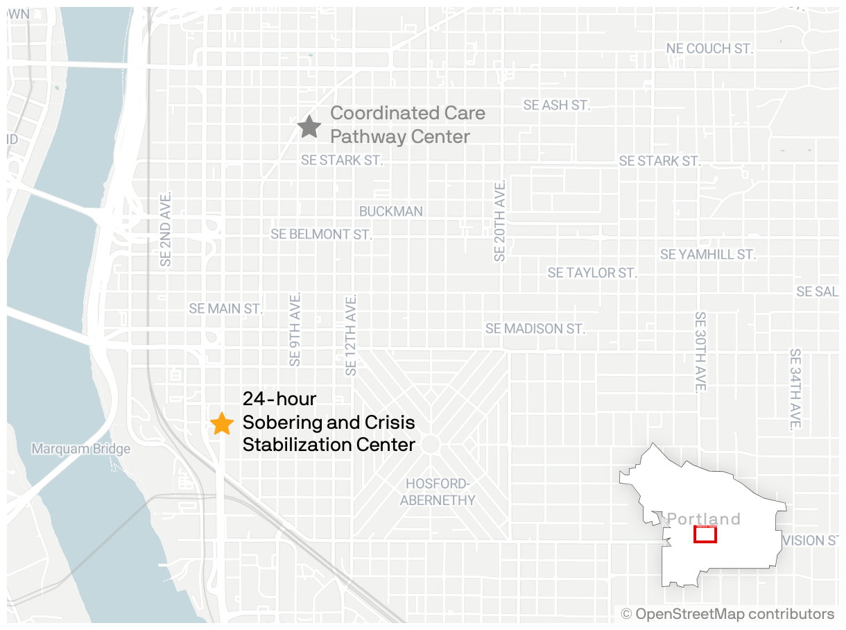 A map shows the proposed location of the 24-hour Sobering and Crisis Stabilization Center compared to the location of the Coordinated Care Pathway Center.
