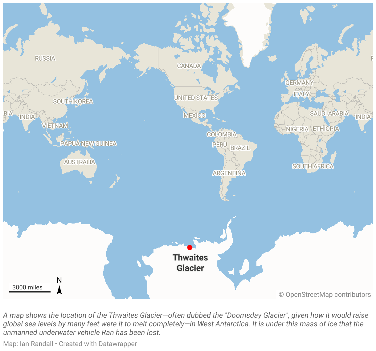 A map shows the location of the Thwaites Glacier—often dubbed the 
