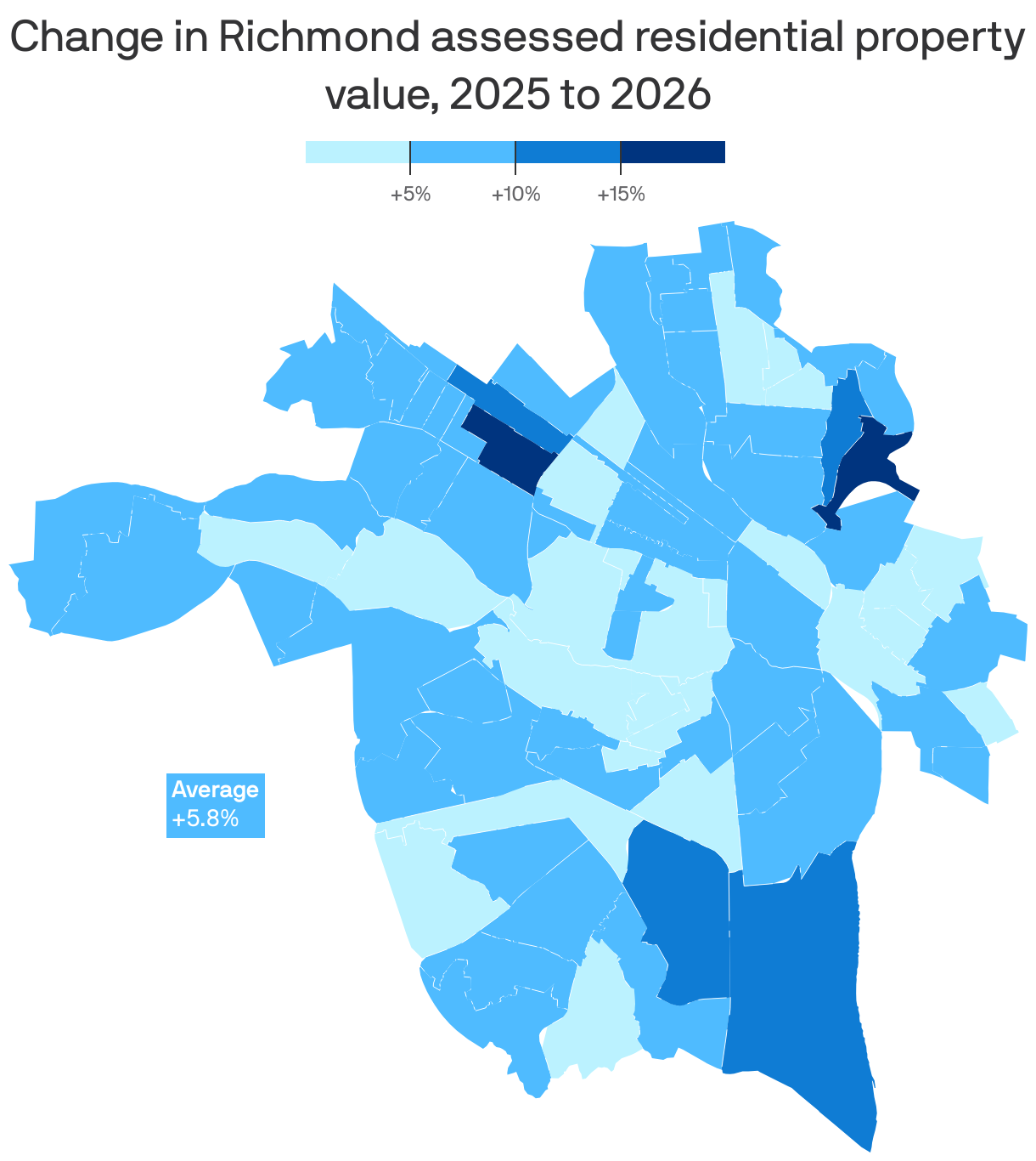A choropleth map showing residential neighborhoods in Richmond, VA and the proposed residential tax increase from 2025 to 2026. On average, assessed property values will increase 5.8%.