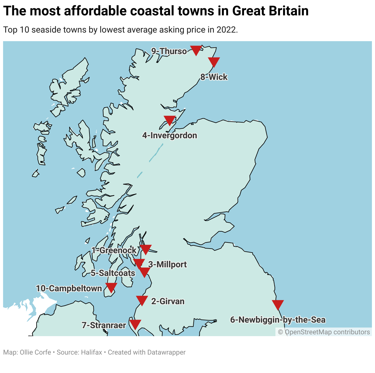 Great Britain map of coastal properties.