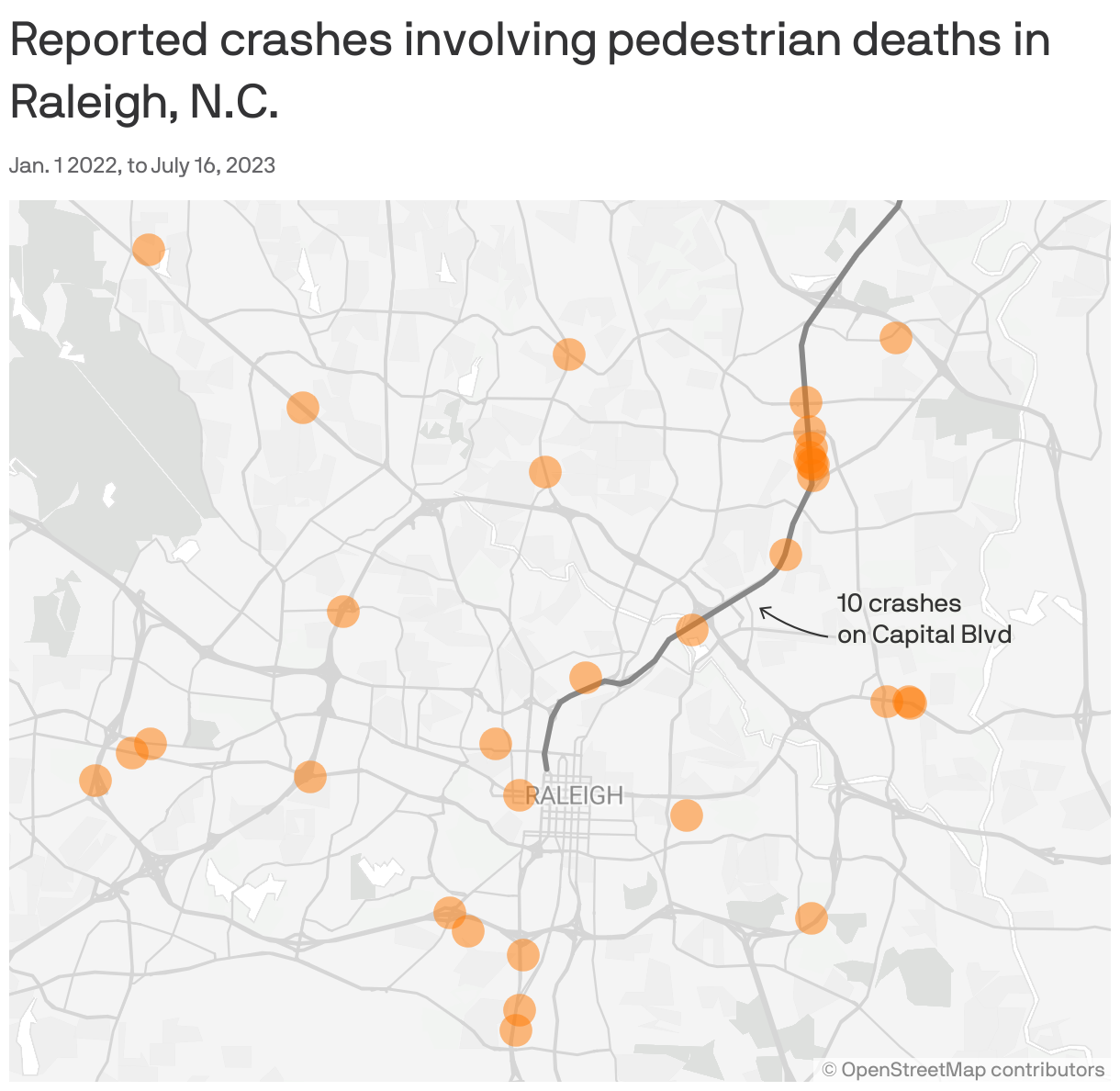 Reported crashes involving pedestrian deaths in Raleigh, N.C.