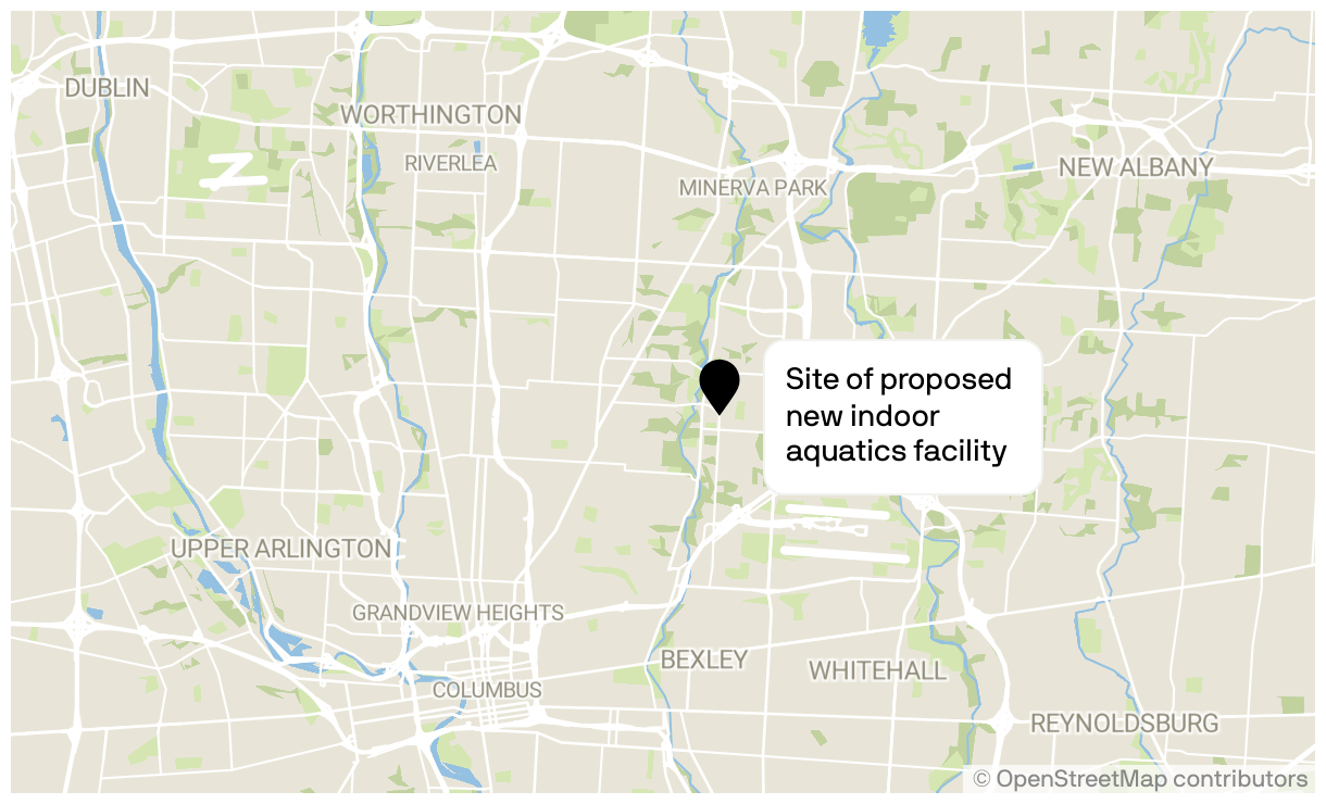 A map of Columbus, Ohio showing the location of a proposed new indoor aquatics facility on the corner of Cassady Avenue and Caralee Drive.